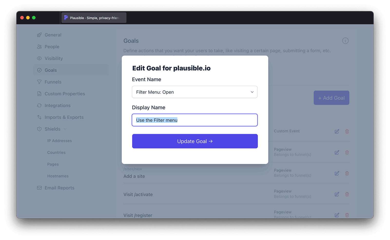 Edit custom event goal popup