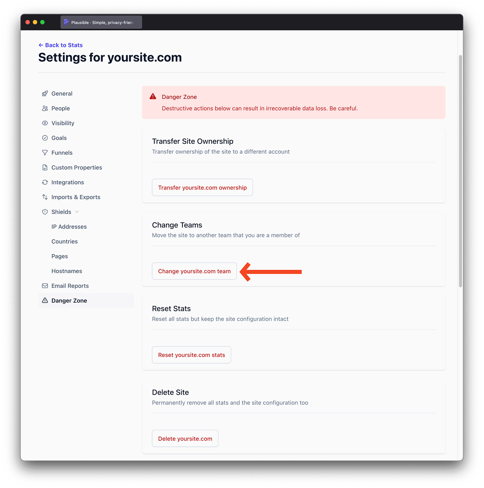 Transfer ownership of a site to a team