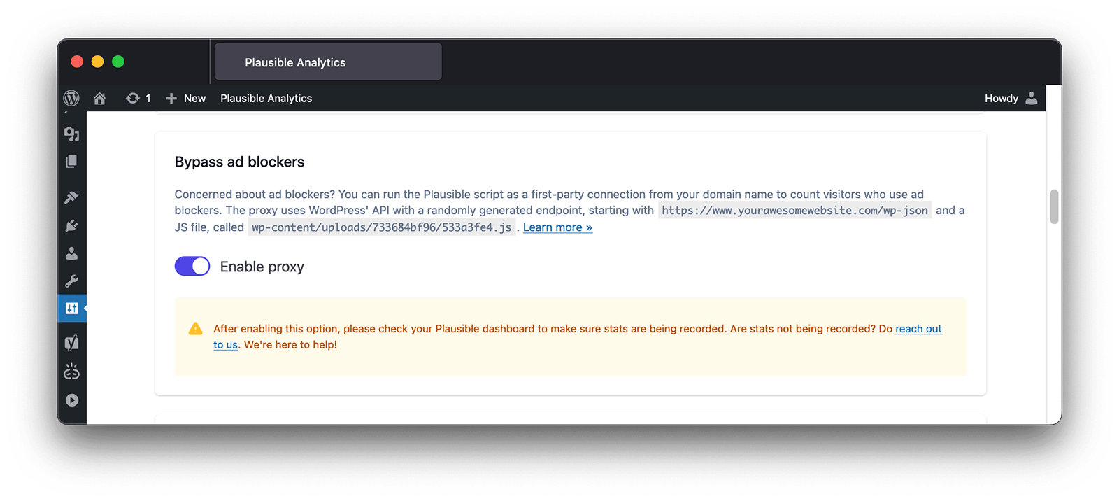 Enable proxy in plausible WordPress plugin