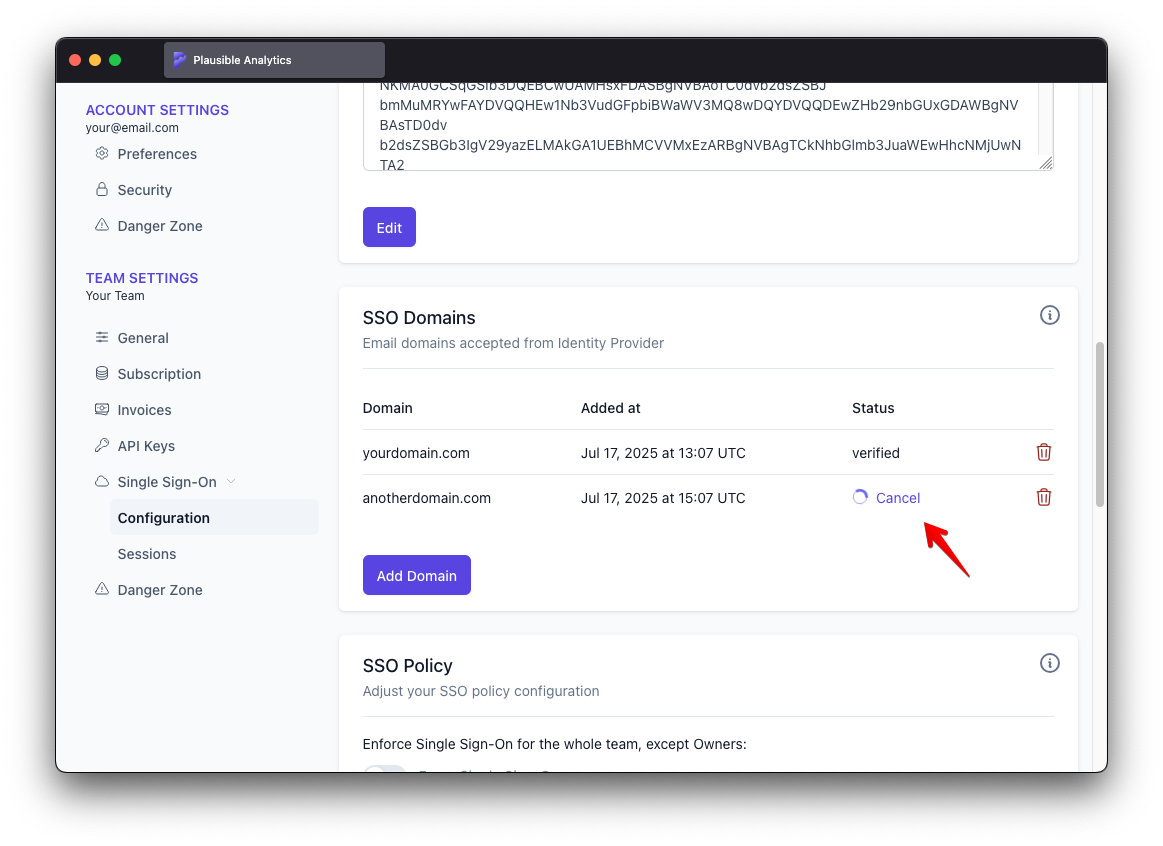 Canceling SSO domain verification